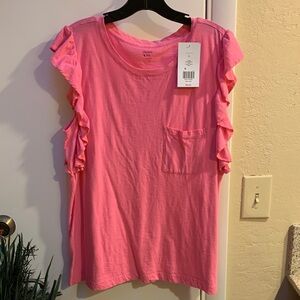 Crown & Ivy Pink Ruffle Sleeve Tee L